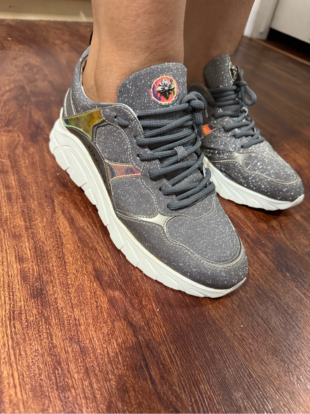 John Richmond Gray Glitter Sneakers with Holographic Gold Accents